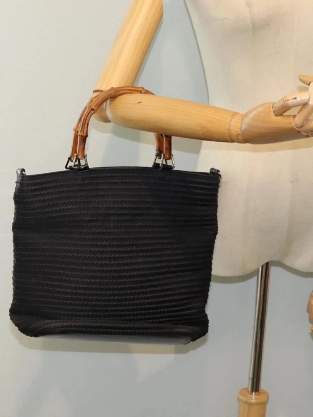 GUCCI Bamboo Hand Bag Nylon Black Auth am6667